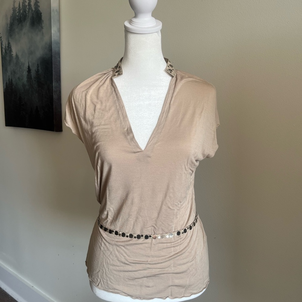 Club Monaco Beige V-Neck Blouse with Embellished Details